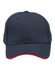 A navy cap featuring a red contrast trim, with a structured design and ventilation mesh. It includes a logo.