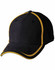 A black cap featuring contrast yellow trim and an embroidered logo on the front.