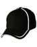 A black cap with white contrast trim, featuring a curved brim and a logo on the front.