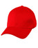 A red pique mesh structured cap featuring a curved brim and an adjustable strap at the back. It includes a logo.