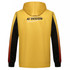 A yellow hoodie featuring black and red sleeves, with a logo on the back.