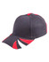 A tri-colour cap featuring black, red, and white design elements, with a logo on the front.