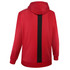 A red pullover hoodie featuring a black vertical stripe on the back and a hood. It has a logo.