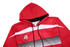A red pullover hoodie featuring white stripes and a logo, with a hood and drawstring detail.