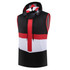 A sleeveless vest hoodie in black, white, and red featuring a prominent cross design and a hood.