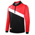 A red and black custom design hoodie with a white diagonal stripe and a front pocket. It features a logo.