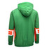 A green and orange water-repellent hoodie with a hood and contrasting stripes on the sleeves. It features a logo.