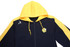 A navy and yellow fleece hoodie featuring a hood and a logo on the chest.