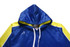 A blue and yellow custom soccer hoodie featuring a kangaroo logo and a hood.