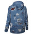 A denim fashion hoodie in blue, featuring distressed patches and star designs, with a hood and long sleeves.