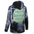 A cotton hoodie in a tie-dye pattern featuring a large graphic design on the back and a logo.