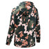A camouflage-patterned hoodie in green, pink, and beige with a hood, featuring a logo on the back.