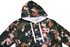 A 100% cotton hoodie in a camouflage pattern, featuring a large graphic print and a logo on the front.