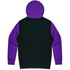 A hooded jumper featuring a black body and purple sleeves, with a logo on the back.
