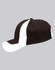 A black and white baseball cap with a logo, featuring a striped design and a curved brim.