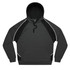 A grey hoodie with black accents and a kangaroo pocket, featuring a hood and a branding logo.