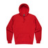 A red hoodie with a front pocket and a hood, featuring a logo on the label.