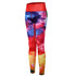 Colourful, tight-fitting leggings featuring a vibrant abstract design in red, blue, and yellow tones, with a red waistband.