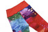 A pair of vibrant leggings featuring a blend of red, green, and blue abstract patterns with a solid red waistband.