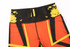 A pair of custom-made leggings featuring a bold design with orange, black, and yellow patterns.