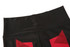 A pair of black jogger leggings featuring large red geometric designs on the sides and a wide waistband.