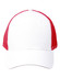 A Premium Cotton Twill Trucker Cap in white with red mesh panels and a plain design, featuring a logo.