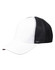 A black and white Premium Cotton Twill Trucker Cap with a solid front and mesh back, featuring a logo.