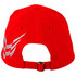 A red cap with a racing check pattern and a logo on the back, featuring an adjustable strap.