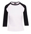 A women's 3/4 sleeve raglan T-shirt in white with black sleeves, featuring a logo on the neckline.
