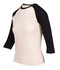 A women's 3/4 sleeve raglan T-shirt in cream and black with a logo on the side.