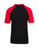 A unisex raglan sleeve tee with black body and red sleeves, featuring a logo on the back.