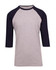 Men's/unisex 3/4 sleeve raglan T-shirt featuring a grey body and navy blue sleeves, with a branding logo.