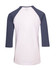 A unisex 3/4 sleeve raglan T-shirt featuring a white body and navy blue sleeves, with a logo on the back.