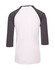 A white and grey unisex 3/4 sleeve raglan T-shirt with a plain design and logo on the back.