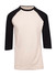 A men's/unisex 3/4 sleeve raglan T-shirt featuring a cream body with black sleeves and a logo.