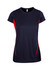 A navy and red women's T-shirt featuring a sporty design and a logo on the front.
