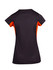 A women's short-sleeve T-shirt in black with orange accents, featuring a logo on the back.