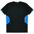 A black t-shirt with blue accents on the sides, featuring a logo on the back.