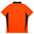 An orange polo shirt with black side panels and a collar, featuring a logo.