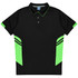 A black polo shirt with neon green accents and a logo on the front.