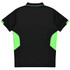 A black polo shirt featuring bright green accents and a logo on the back.