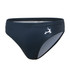 A navy swimming brief featuring an anti-chlorine treatment and a logo on the front.