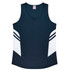 A navy singlet with white accents and a v-neck design, featuring a logo. Ideal for casual wear or sports.