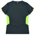 A sports jumper featuring a dark fabric with bright lime green side panels and a branding logo.