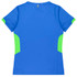 A blue sports tee with green accents on the sides and a logo on the back.