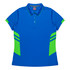 A blue polo shirt for women with green accents and a logo on the chest.