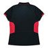 A black polo shirt with red accents, featuring a collar and a logo.