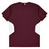 A maroon T-shirt with white accents on the sides, featuring a logo on the back.