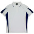 A white polo shirt with navy blue accents on the sides and a collar, featuring a logo on the upper left.
