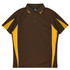 A brown polo shirt with yellow and white accents, featuring a collar and a logo.